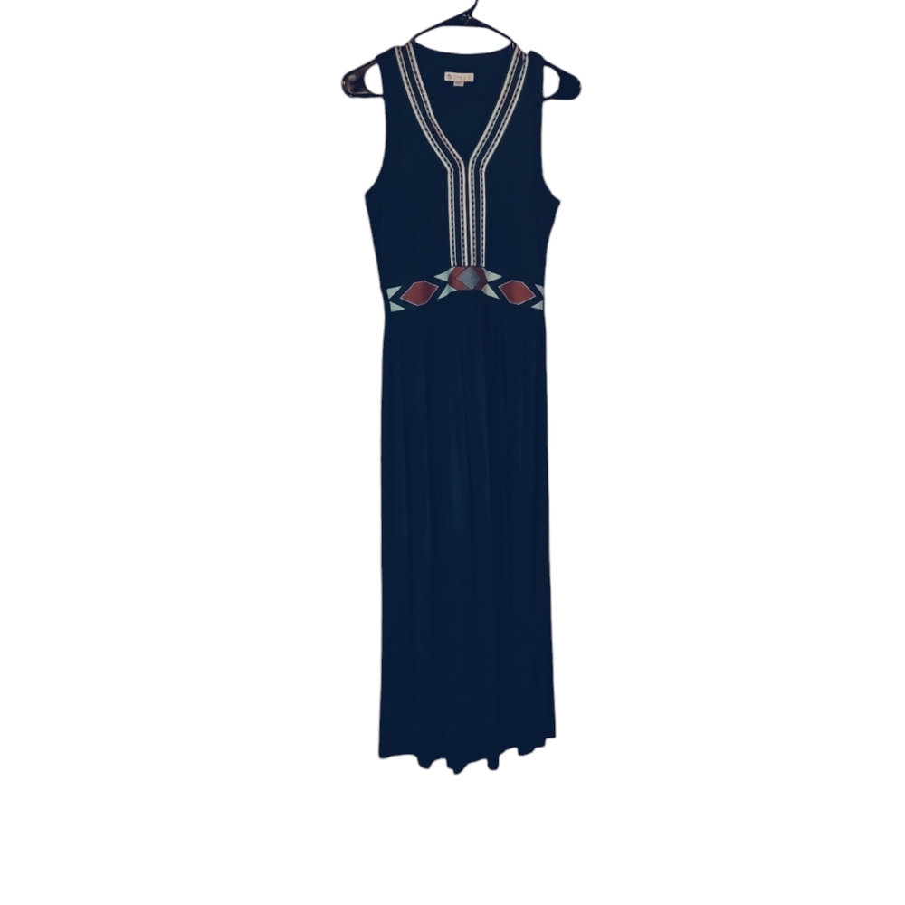 Elaine Rose Navy Blue Jersey Knit Maxi Dress Accent Waist sz xs